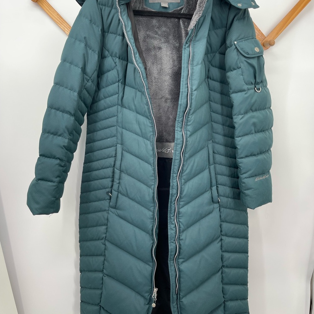 Long Quilted Hooded Down Puffer Coat in Teal - Picture 2 of 15
